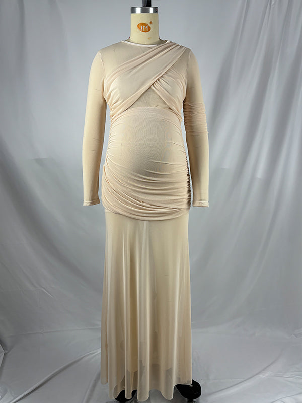 Beige Mesh Ruched Sheer Elegant Maternity Photoshoot Maxi Dress
