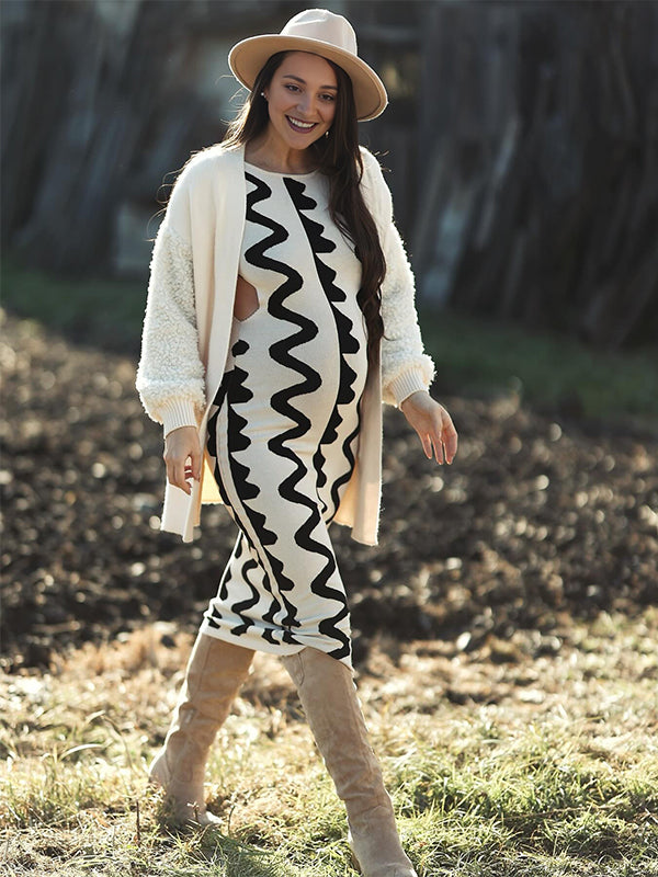 fotobeyou Beige Wavy Edge Cut Out Bodycon Elegant Photoshoot Baby Shower Maternity Maxi Sweater Dress