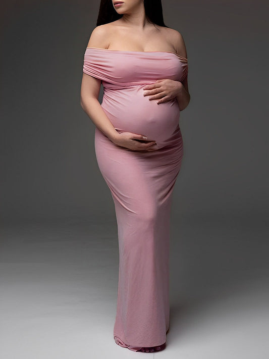 fotobeyou Pink Off Shoulder Belly Friendly Ruched Boat Neck Bodycon Photoshoot Maternity Maxi Dress