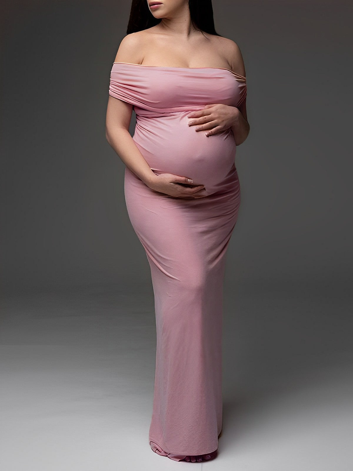fotobeyou Pink Off Shoulder Belly Friendly Ruched Boat Neck Bodycon Photoshoot Maternity Maxi Dress