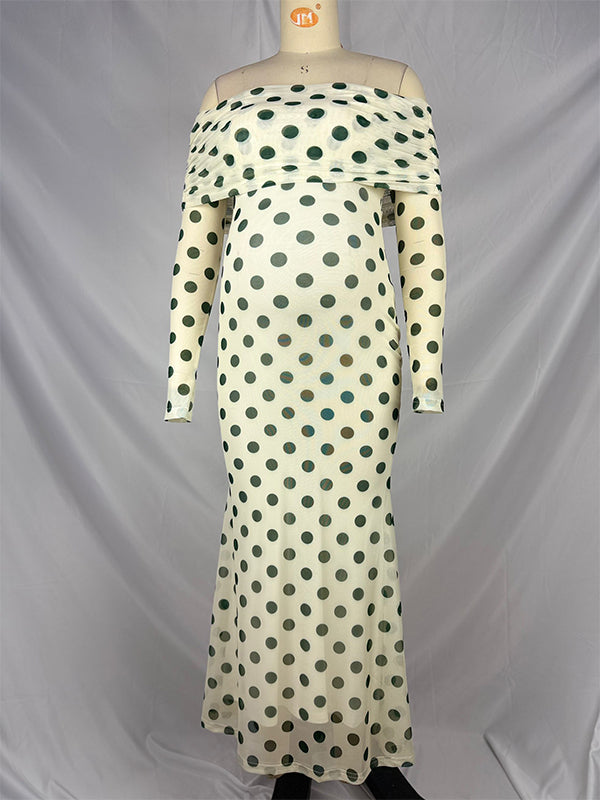 fotobeyou White Off Shoulder Olive Green Polka Dot Bodycon Boho Photoshoot Baby Shower Maternity Maxi Dress