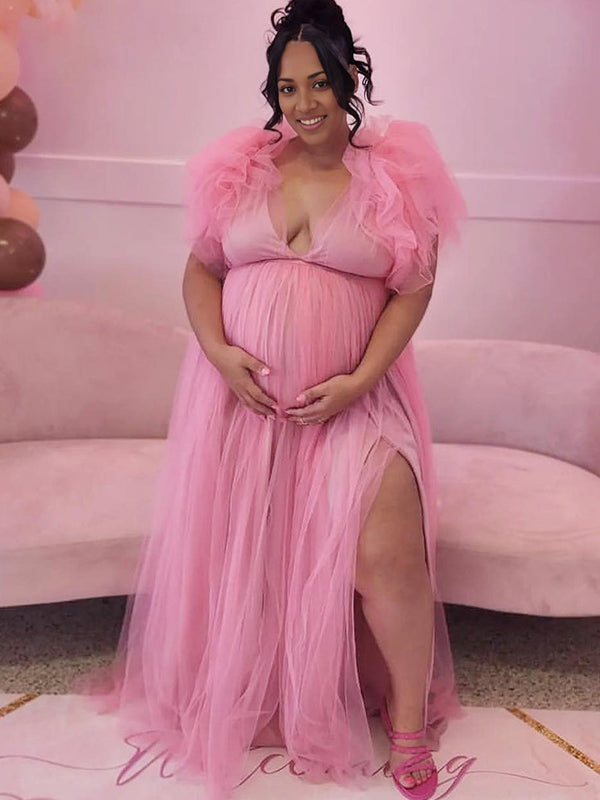Pink Tulle Ruffle Swing Slit Gown Maternity Maxi Dress