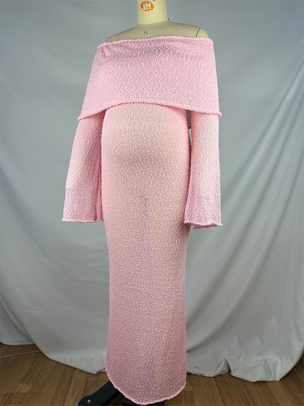 fotobeyou Pink Off Shoulder Knitwear Elegant Maternity Baby Shower Maxi Dress