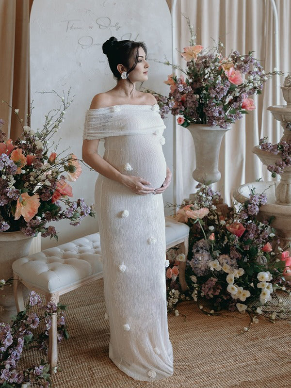 fotobeyou White Off Shoulder 3D Flowers Grenadine Sheer Bodycon Elegant Beach Photoshoot Baby Shower Maternity Maxi Dress