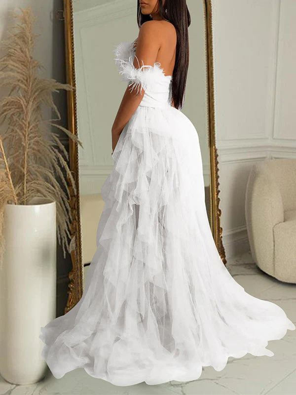 fotobeyou Bandeau Off Shoulder Feather Tulle Tutu Grenadine Photoshoot Maternity Maxi Dress