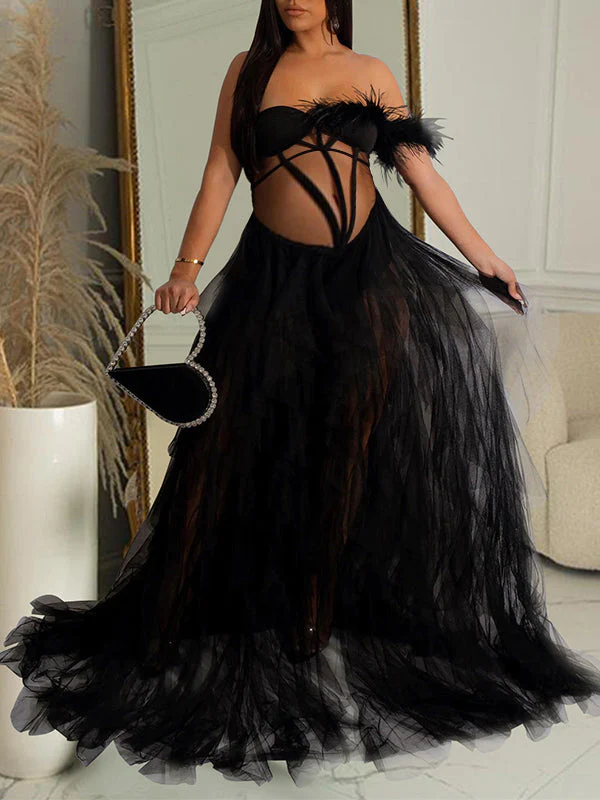 fotobeyou Bandeau Off Shoulder Feather Tulle Tutu Grenadine Photoshoot Maternity Maxi Dress