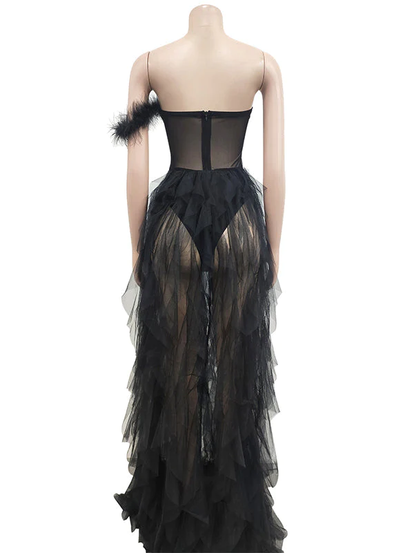 fotobeyou Bandeau Off Shoulder Feather Tulle Tutu Grenadine Photoshoot Maternity Maxi Dress
