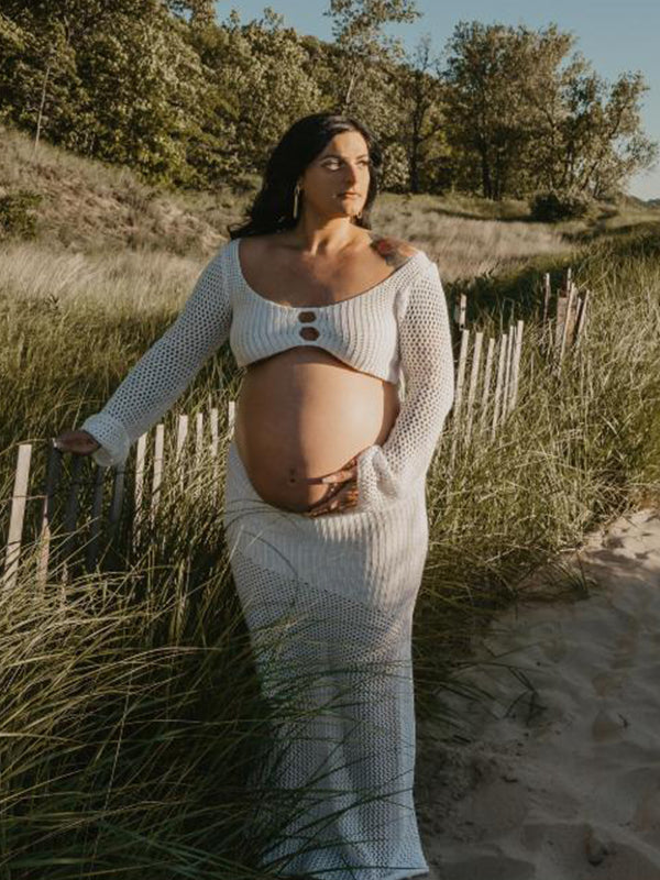 fotobeyou White 2 Piece Crochet Mesh Backless Flare Sleeve Bodycon Vacation Beach Photoshoot Baby Shower Maternity Maxi Dress