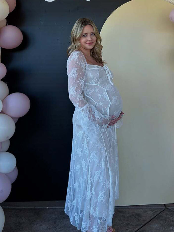 fotobeyou White Lace Corset Square Neck Flare Sleeve Off Shoulder Bodycon Elegant Cocktail Party Maternity Photoshoot Baby Shower Maxi Dress