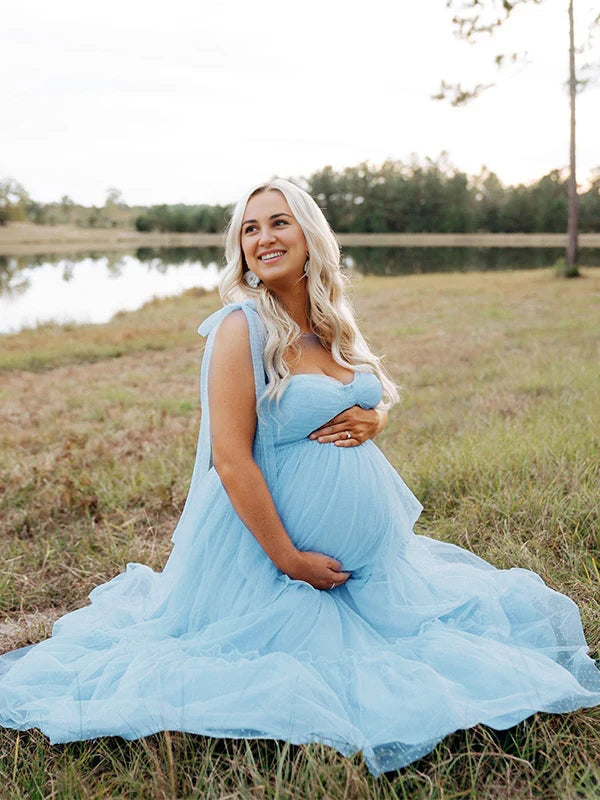 fotobeyou Solid Color Tulle Spaghetti Strap Backless Ruffle Lace-up Grenadine Photoshoot Gown Baby Shower Maternity Maxi Dress