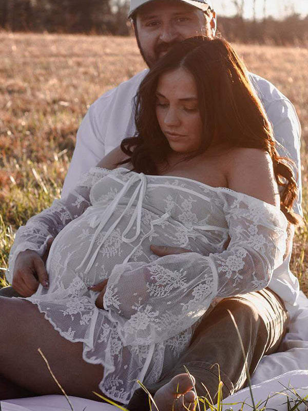 fotobeyou White Lace Off Shoulder Bow Drawstring Ruffle Flare Sleeve Elegant Baby Shower Maternity Mini Dress