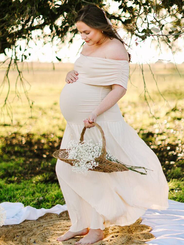 fotobeyou Apricot Off Shoulder Ruched Pleated Big Swing Maternity Baby Shower Maxi Dress