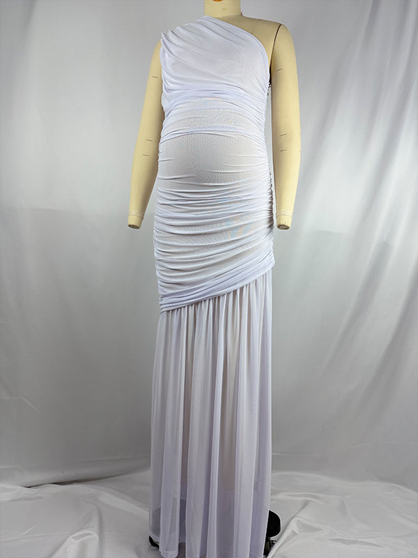 One Shoulder Mesh Ruched Mermaid Evening Gown Maternity Maxi Dress