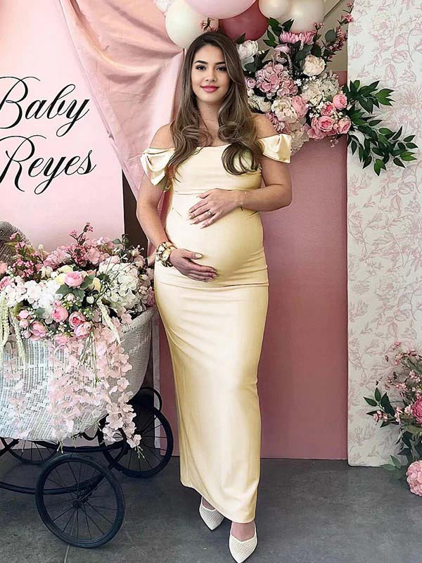 fotobeyou Off Shoulder Ruched Bow Elegant Maternity Baby Shower Maxi Dress