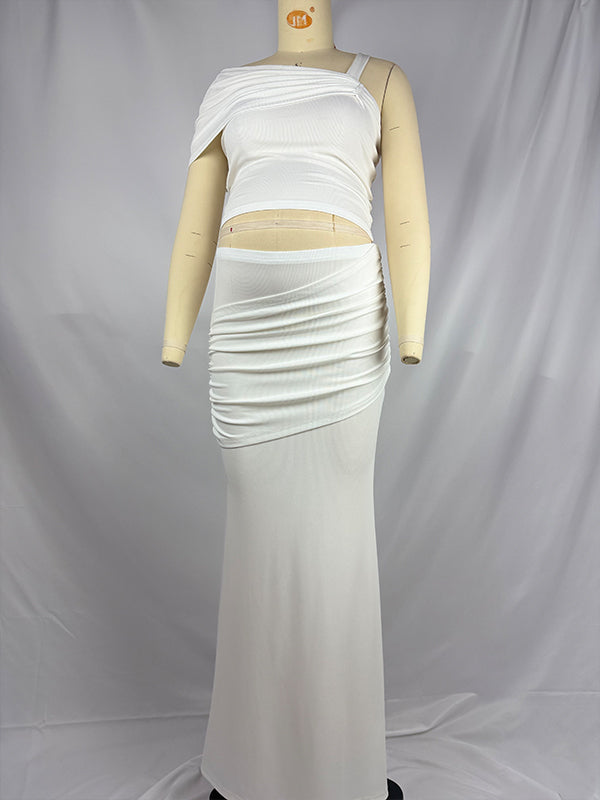fotobeyou White One Shoulder Ruched Crop Two Piece Set Maternity Maxi Dress