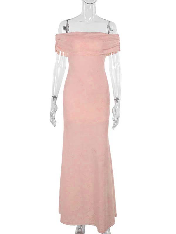 fotobeyou Pink Jacquard Textured Ruched Off Shoulder Mermaid Elegant Maternity Photoshoot Maxi Dress