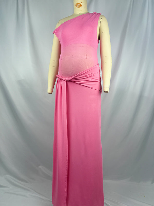 Pink One Shoulder Ruched Mesh ELegant Maternity Maxi Dress