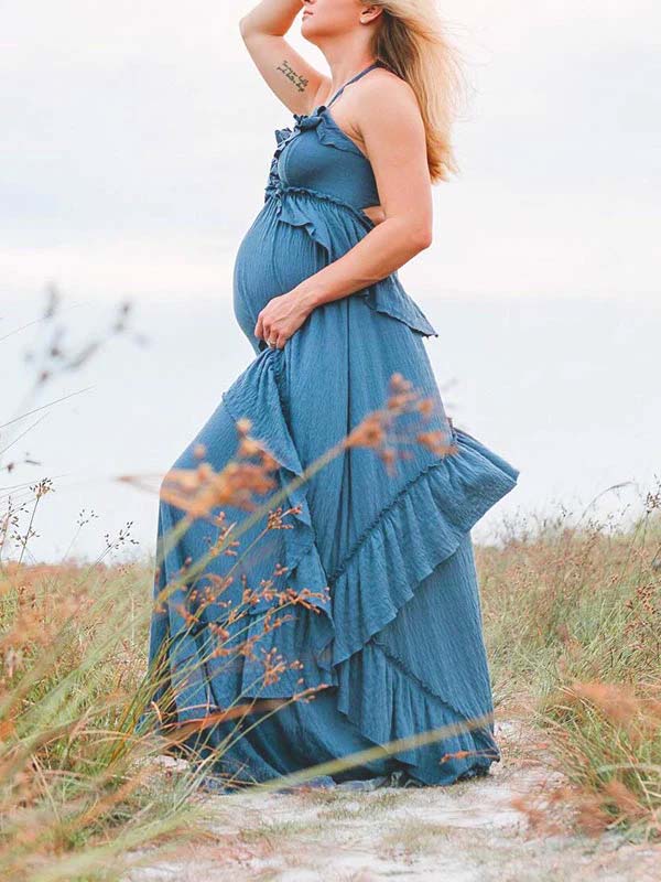 fotobeyou Boho Solid Color Ruffle Halter Neck Backless Tie Back V-Neck Holiday Gowns Photoshoot Maternity Maxi Dress