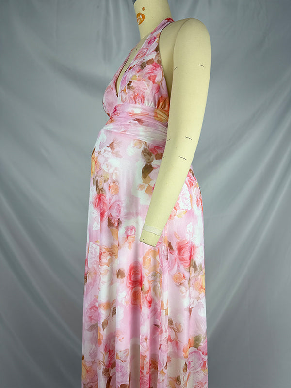 Pink Floral Ruched Backless Chic Maternity Baby Shower Maxi Dress