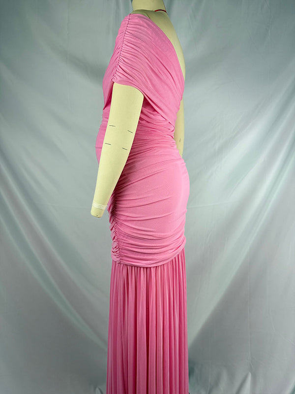 Mesh One Shoulder Ruched Side Slit Mermaid Maternity Maxi Dress