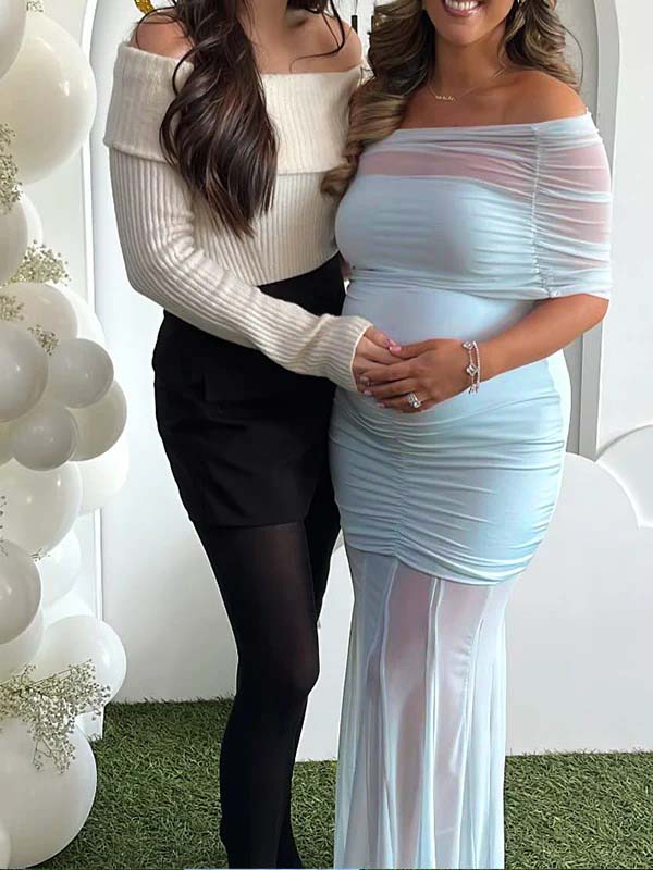 fotobeyou Light Blue Mesh Off Shoulder Ruched Mermaid Elegant Maternity Baby Shower Maxi Dress