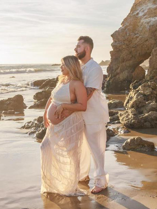 fotobeyou Beige 2 Piece Smocked Ruffle Backless Flowy Elegant Vacation Beach Photoshoot Maternity Maxi Dress