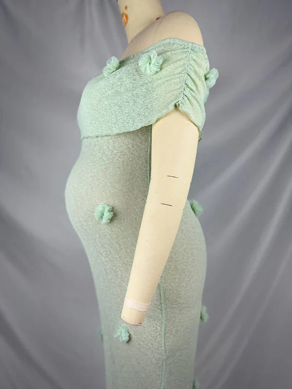 Matcha Knit 3D Flowers Off Shoulder Elegant Maternity Maxi Dress