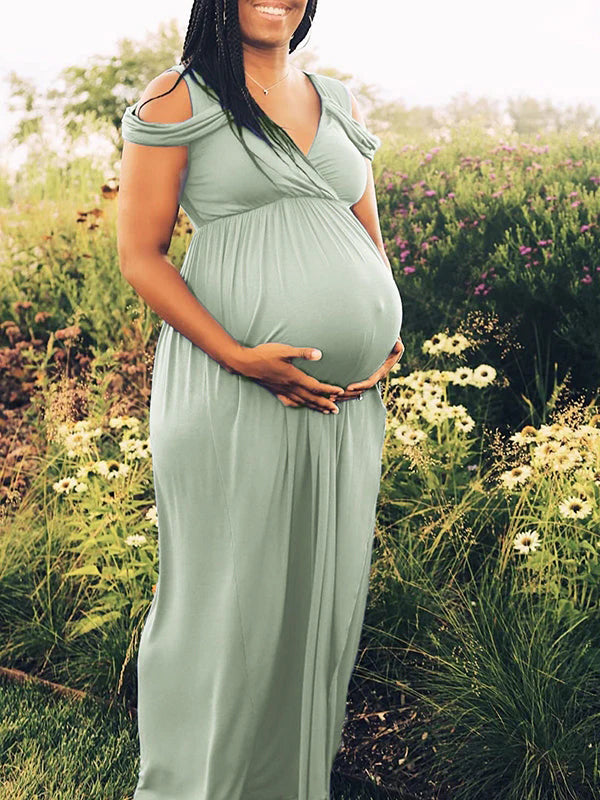 fotobeyou Solid Off Shoulder Slit Floor Length Flowy Photoshoot Maternity Maxi Dress