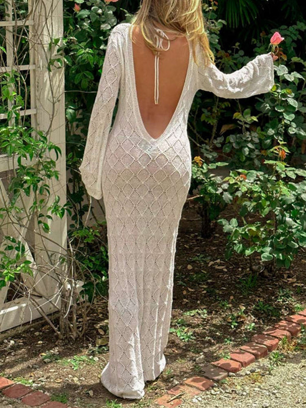 fotobeyou White Knitting Backless Tie Back Deep V-neck Photoshoot Maternity Maxi Dress