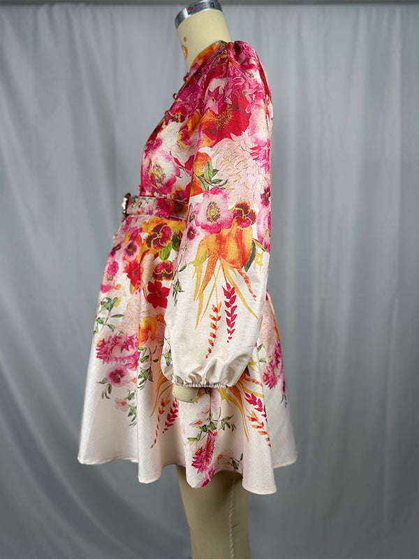fotobeyou Floral Single Breasted Belt A-line Lantern Sleeve Elegant Maternity Baby Shower Mini Dress
