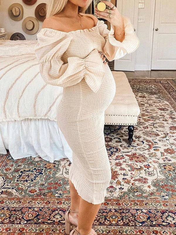 fotobeyou Ruffle Off Shoulder Long Sleeve Bodycon Baby Shower Maternity Midi Dress