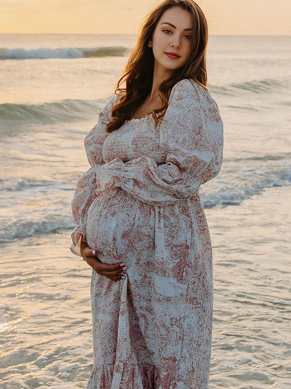 fotobeyou Ruffle Ruched High Waist Puff Sleeve Cute Gender Reveal Maternity Maxi Dress