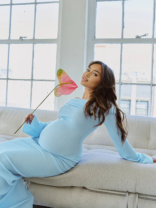 fotobeyou Blue Knit Ruched Off Shoulder Flare Sleeve Bodycon Elegant Cocktail Party Gown Maternity Photoshoot Baby Shower Maxi Dress