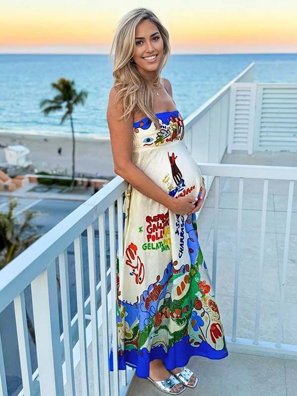 fotobeyou Blue Spaghetti Strap Floral Daily Maternity Maxi Dress