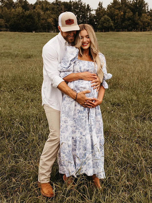 fotobeyou Ruffle Ruched High Waist Puff Sleeve Cute Photoshoot Maternity Maxi Dress