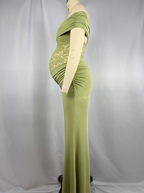 Green Off Shoulder Lace Sheer Splicing Ruched Baby Shower Maternity Maxi Dress