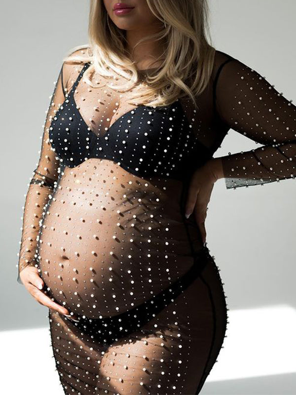 fotobeyou Mesh Solid Color Beading Pearl Rhinestone Long Sleeve Cover-ups Side Slit Photoshoot Maternity Maxi Dress