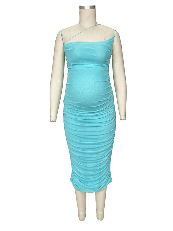 fotobeyou Spaghetti Strap Mesh Ruched Bodycon Babyshower Maternity Midi Dress