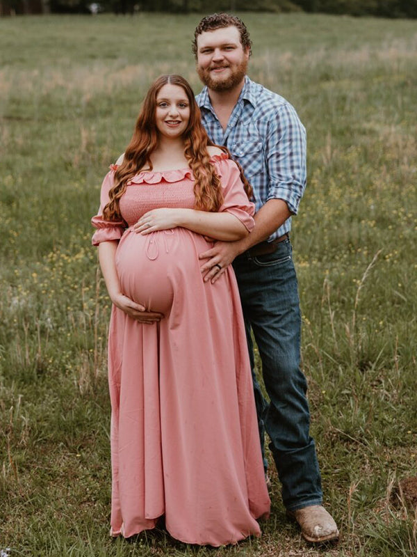 fotobeyou Pink Boho Flowy Bump Friendly Off Shoulder Photoshoots Maxi Dress