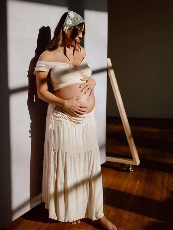 fotobeyou Ivory White Two Piece Set Off Shoulder Ruffle Falbala Bodycon Elegant Maternity Boho Photoshoot Baby Shower Maxi Dress