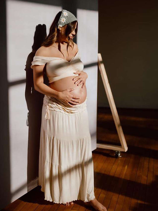 fotobeyou Ivory White Two Piece Set Off Shoulder Ruffle Falbala Bodycon Elegant Maternity Boho Photoshoot Baby Shower Maxi Dress