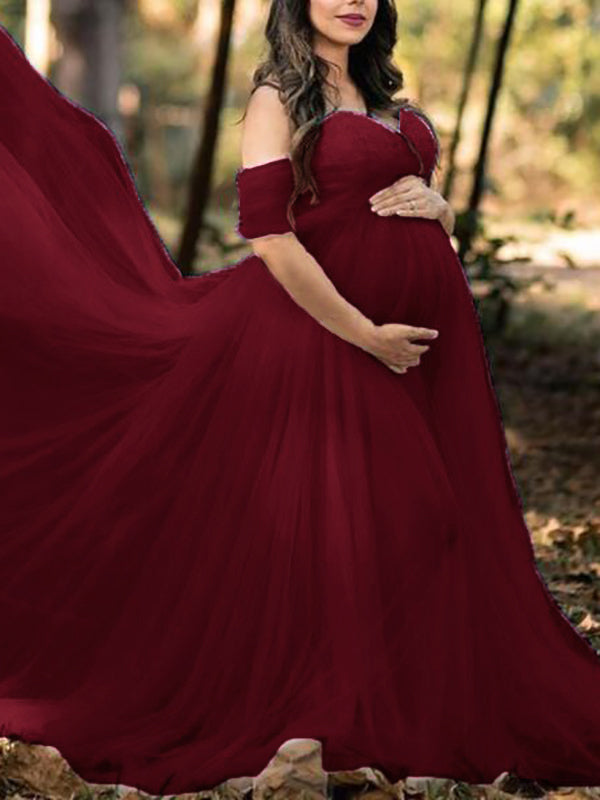 fotobeyou Grenadine Tulle Lace Off Shoulder Baby Shower Photoshoot Pregnant Maternity Maxi Dress