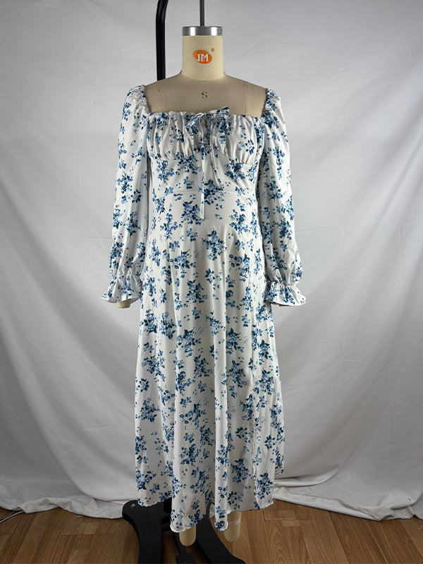 fotobeyou White And Blue Flowers Side Slit Cross Lace Up Lantern Sleeve Gendeer Reveal Baby Boy Shower Maternity Maxi Dress