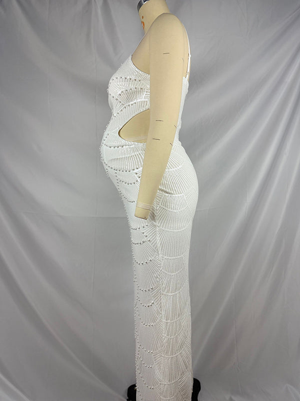fotobeyou White Spaghetti Straps Sequin Slit Bodycon Party Elegant Maternity Photoshoot Maxi Dress