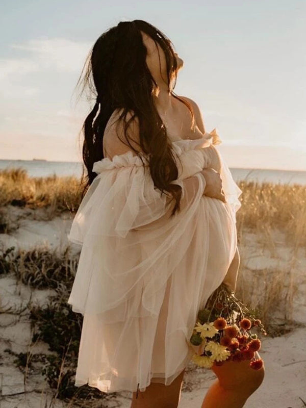 fotobeyou Apricot Cascading Ruffle Off Shoulder Tulle Pricess Mesh Cottagecore Cream Baby Shower Photoshoot Pregnant Maternity Mini Dress