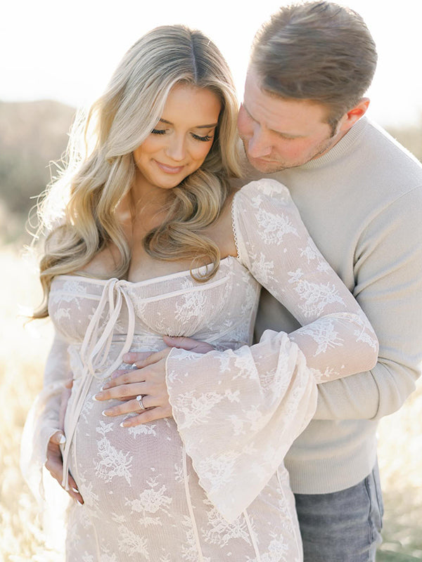 fotobeyou White Lace Corset Square Neck Flare Sleeve Off Shoulder Bodycon Elegant Cocktail Party Maternity Baby Shower Photoshoot Maxi Dress