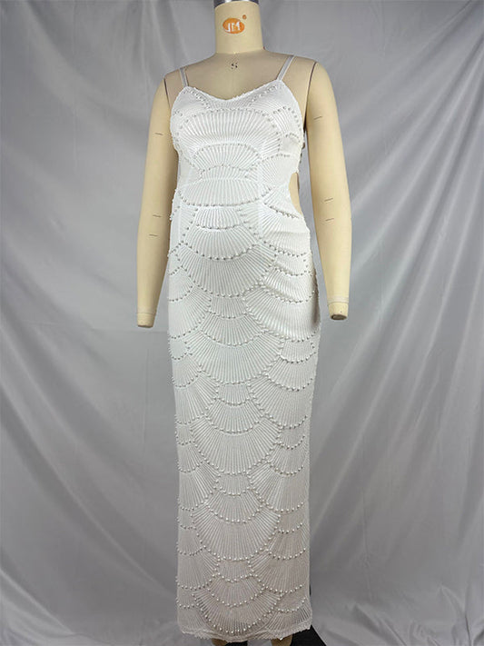 fotobeyou White Spaghetti Straps Sequin Slit Bodycon Party Elegant Maternity Photoshoot Maxi Dress