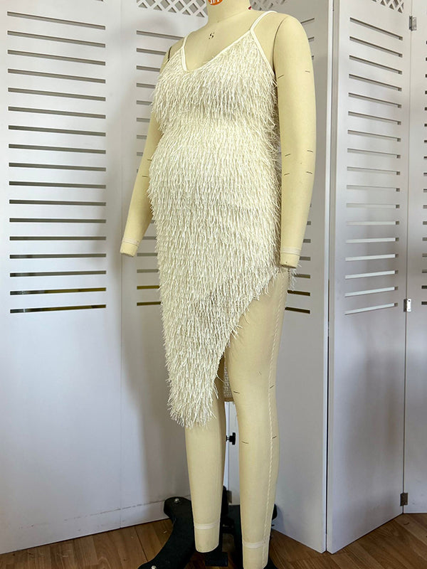 fotobeyou Apricot Tassel Side Slit Photoshoot Evening Gown Baby Shower Maternity Midi Dress