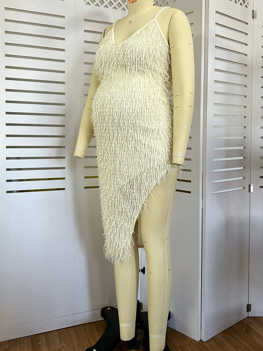 fotobeyou Apricot Tassel Side Slit Photoshoot Evening Gown Baby Shower Maternity Midi Dress