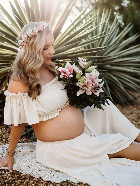 fotobeyou Solid Color Bohemian Off Shoulder Backless Ruffle 2 piece set Photoshoot Maternity Maxi Dress